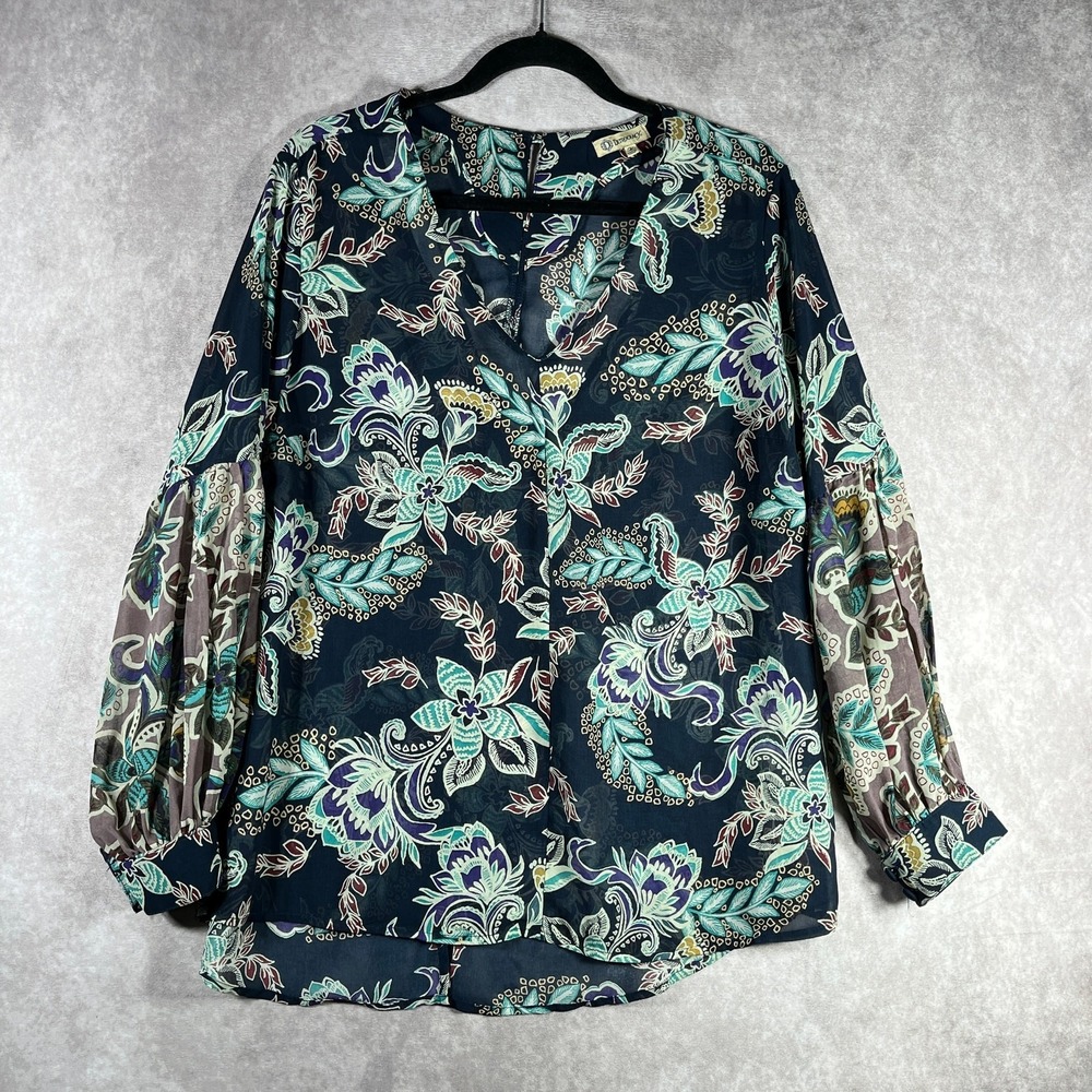 Democracy Blouse Womens Medium Navy Blue Floral Long Sleeve Sheer V-Neck Office